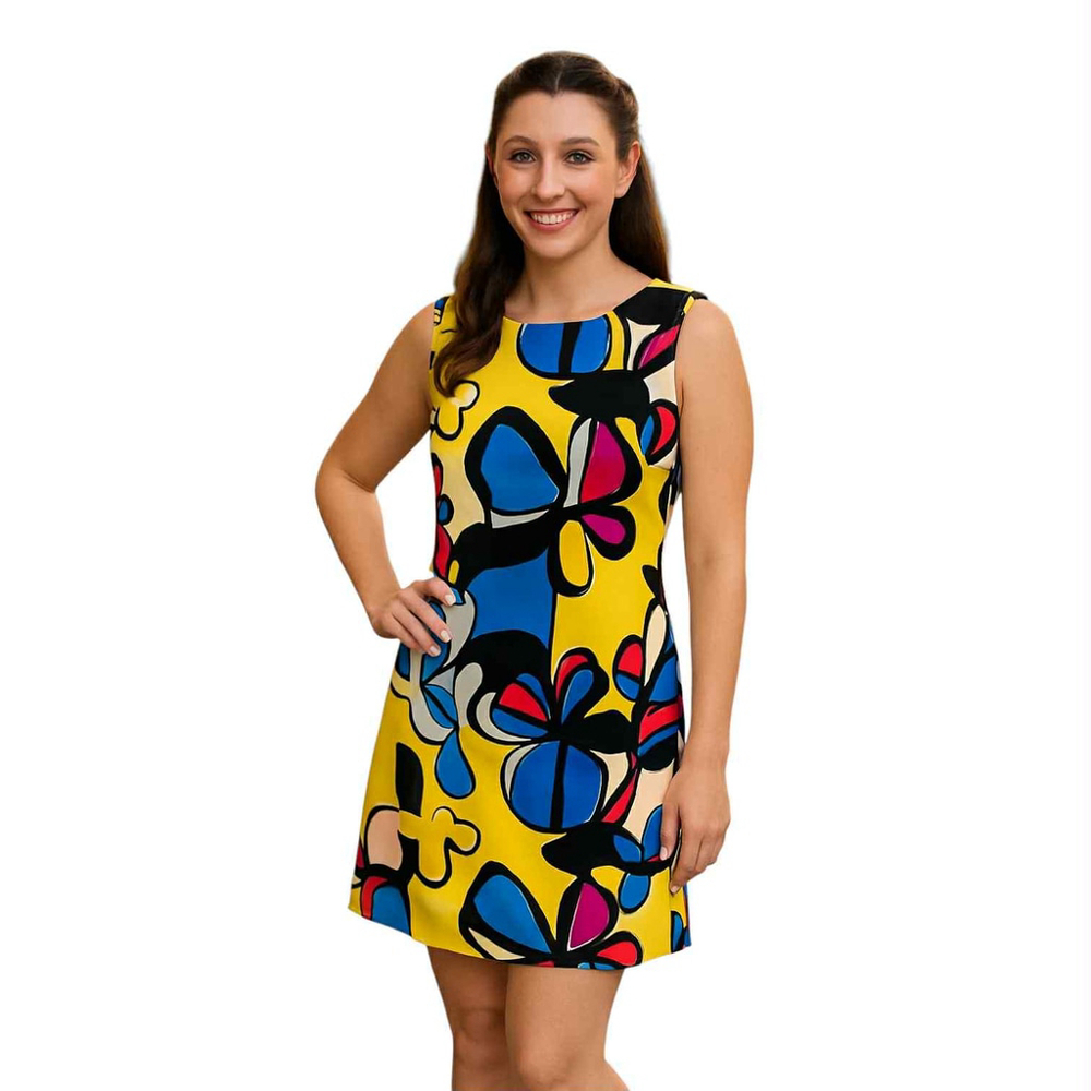 CATO Shift Tank Dress Womens 8 Yellow Bold Abstract Floral Mod Vacation Retro